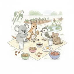 Baby koala, joey, kookaburra and quokka gathered around the eight Big 8 foods on a cream picnic blanket.