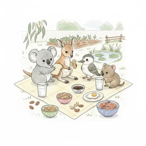 Baby koala, joey, kookaburra and quokka gathered around the eight Big 8 foods on a cream picnic blanket.