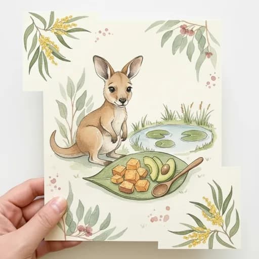Baby kangaroo joey at a billabong with a wooden spoon, sweet potato and avocado on a gum-leaf plate.