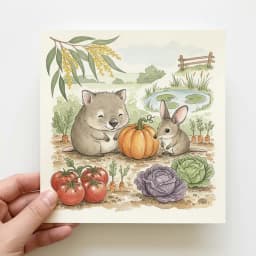 Baby wombat, bandicoot and bilby in a backyard veggie patch with tomatoes, pumpkin, carrots and cabbage.