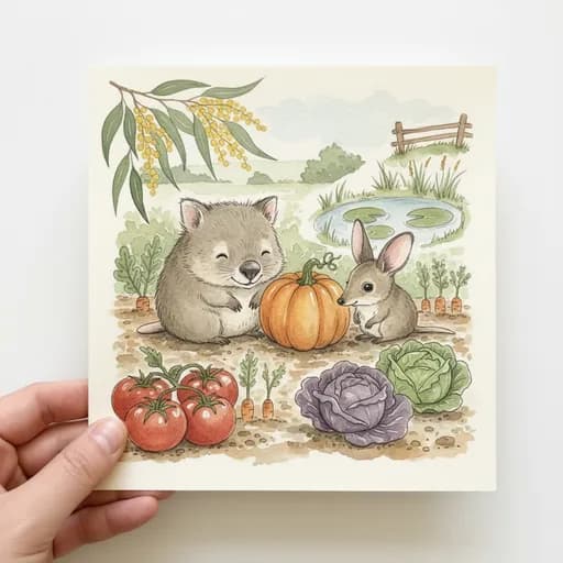 Baby wombat, bandicoot and bilby in a backyard veggie patch with tomatoes, pumpkin, carrots and cabbage.