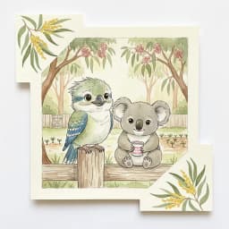 Baby kookaburra on a fence post and a baby koala holding a yoghurt pot in a sunlit Aussie farmyard.