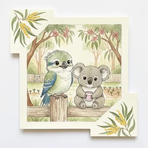 Baby kookaburra on a fence post and a baby koala holding a yoghurt pot in a sunlit Aussie farmyard.