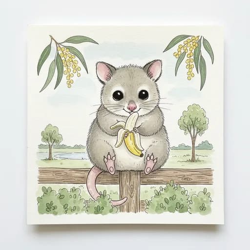 Baby possum peeling a banana.