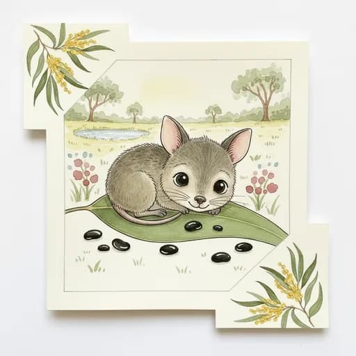 Baby bilby with black beans on a leaf.