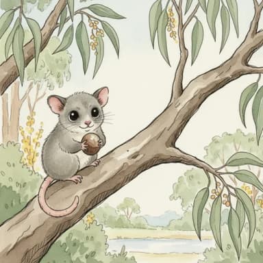 Baby possum perched in a gum tree holding a brazil nut.