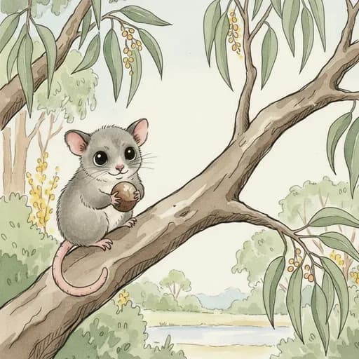 Baby possum perched in a gum tree holding a brazil nut.