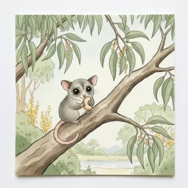 Baby sugar glider perched in a gum tree holding a cashew.