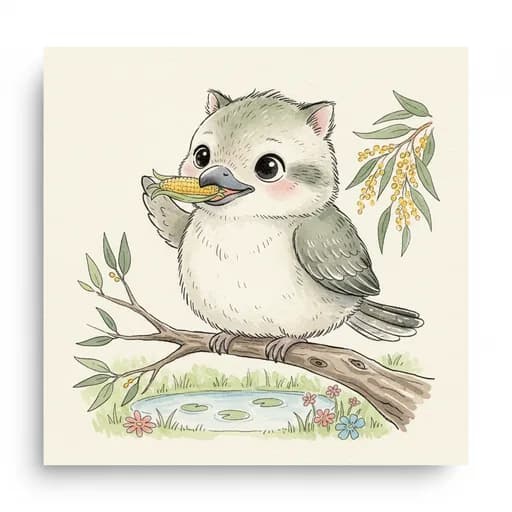 Baby kookaburra with a tiny corn cob.