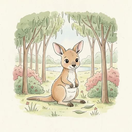 Baby kangaroo joey in a sunlit gum grove cradling a small glass jug of milk.