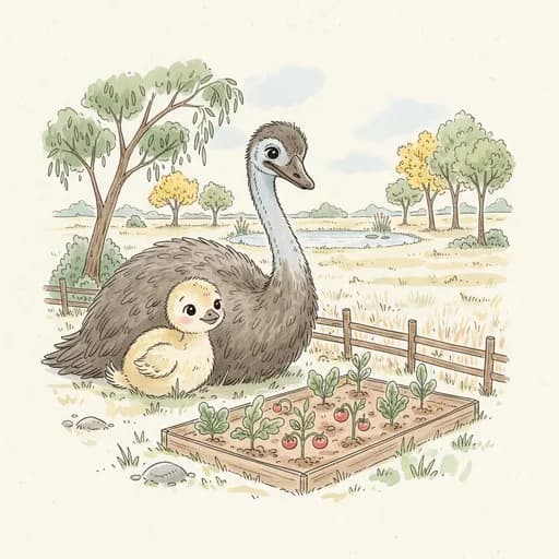 Baby emu chick curled in a straw nest beside a soft-boiled egg in a tiny wooden eggcup.