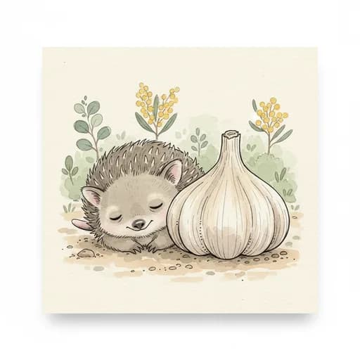 Baby echidna puggle next to a garlic bulb.