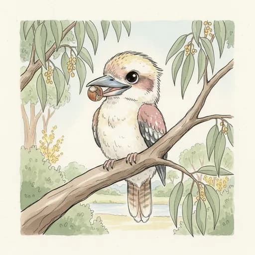 Baby kookaburra perched in a gum tree holding a hazelnut.