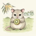 Baby possum holding a kiwi half.
