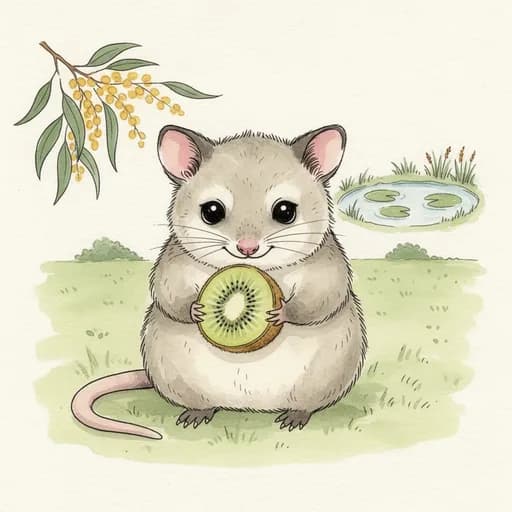 Baby possum holding a kiwi half.
