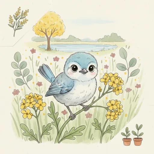 Baby fairy-wren perched with mustard flowers behind.