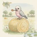 Baby galah with a wooden bowl of porridge oats and a tiny spoon at a hay bale.