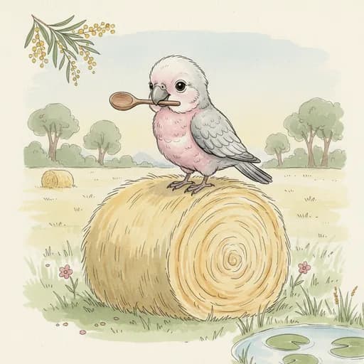 Baby galah with a wooden bowl of porridge oats and a tiny spoon at a hay bale.