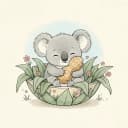 Baby koala cuddling a peanut in a gum-leaf bowl.