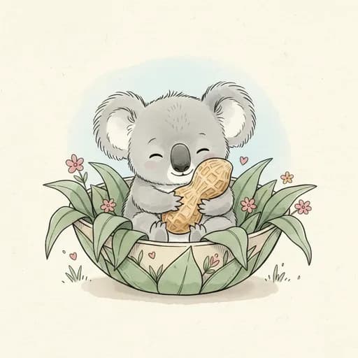 Baby koala cuddling a peanut in a gum-leaf bowl.