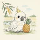 Baby sulphur-crested cockatoo with a pineapple.