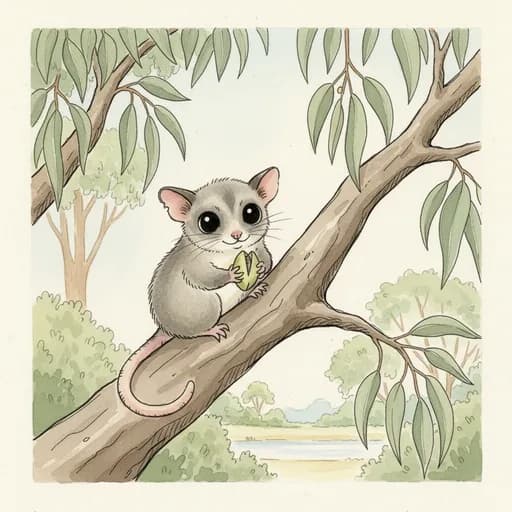 Baby sugar glider perched in a gum tree holding a pistachio.