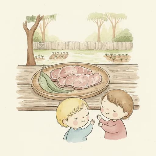 A wooden plate with a gum leaf garnish — pork is the food on your daycare list