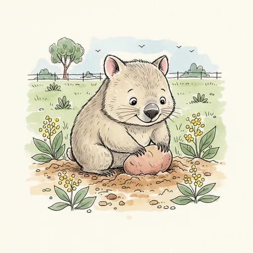 Baby wombat digging up a potato.