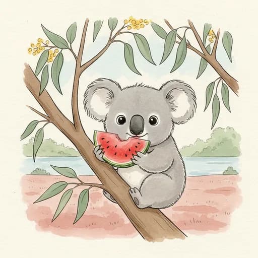 Baby koala with a watermelon slice.