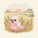 Baby galah holding a single wheat stalk in a wheat field at dusk.