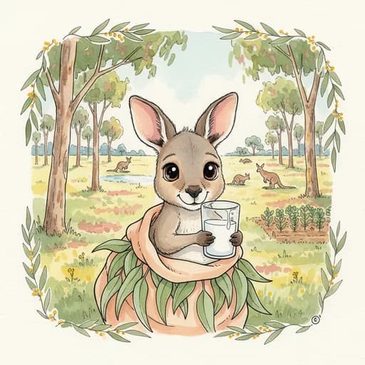 Baby kangaroo joey nestled with a glass of milk in a sunlit gum grove.