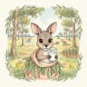 Baby kangaroo joey nestled with a glass of milk in a sunlit gum grove.