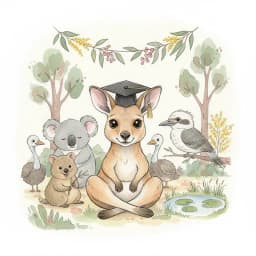 Baby joey in a graduation cap with the full menagerie celebrating.