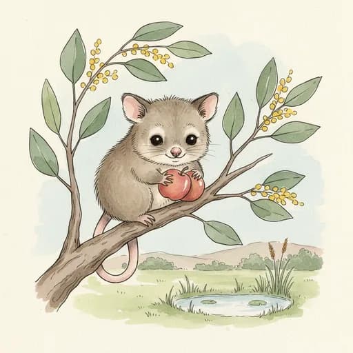 Baby possum perched on an apple branch.