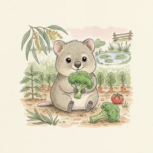 Baby quokka with broccoli.