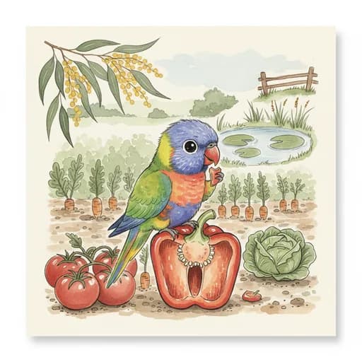 Baby rainbow lorikeet with a red capsicum.