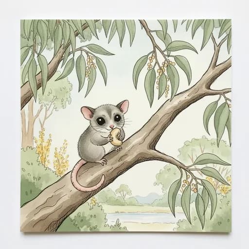 Baby sugar glider perched in a gum tree holding a cashew.
