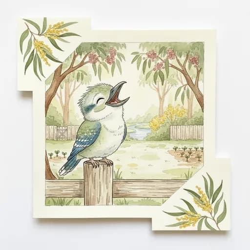 Baby kookaburra laughing on a fence post beside a small wooden plate of cooked chicken pieces.