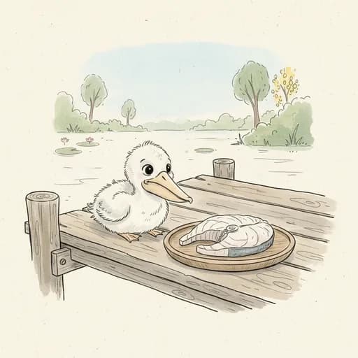 Baby pelican chick on a jetty plank with a large flaked white fish fillet on a small wooden plate clearly in the foreground; the baby pelican is small and tucked to one side.