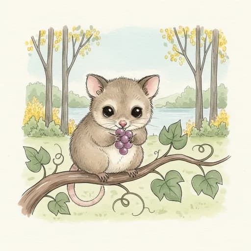 Baby ringtail possum nibbling a small bunch of grapes on a vine.