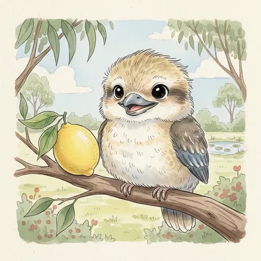 Baby kookaburra perched beside a lemon on a sunlit branch.