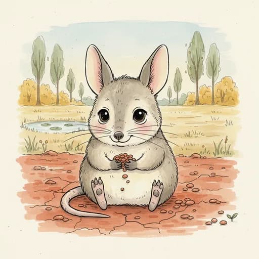 Baby bilby in red earth, lentils in paws.