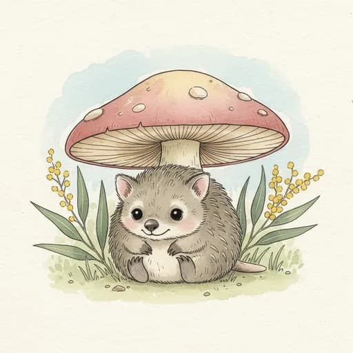 Baby echidna puggle under a mushroom cap.