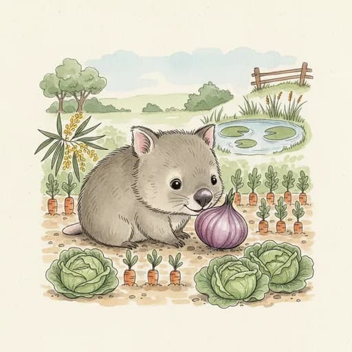 Baby wombat sniffing an onion.