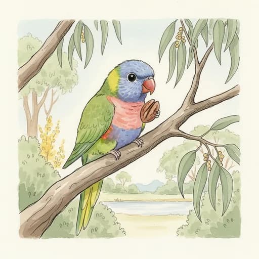 Baby lorikeet perched in a gum tree holding a pecan.