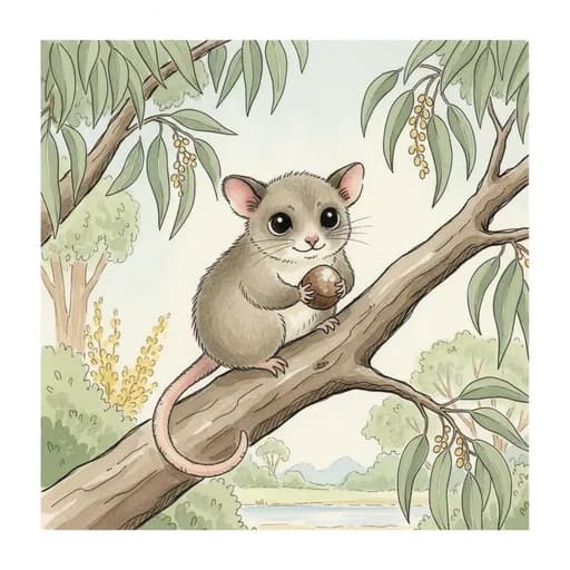 Baby possum perched in a gum tree holding a pine nut.