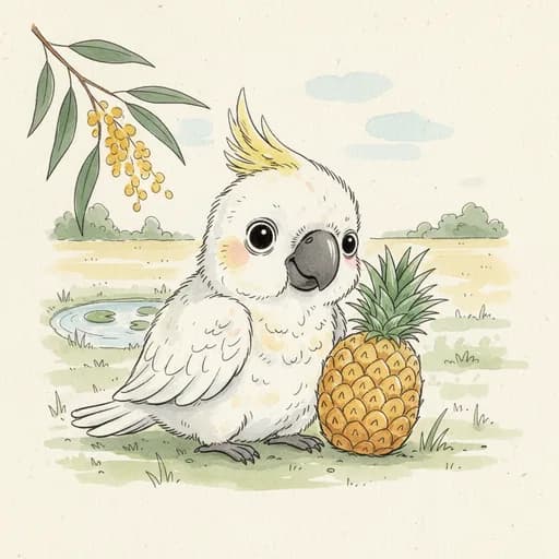 Baby sulphur-crested cockatoo with a pineapple.