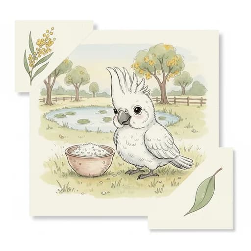 Baby cockatoo with a tiny rice bowl.