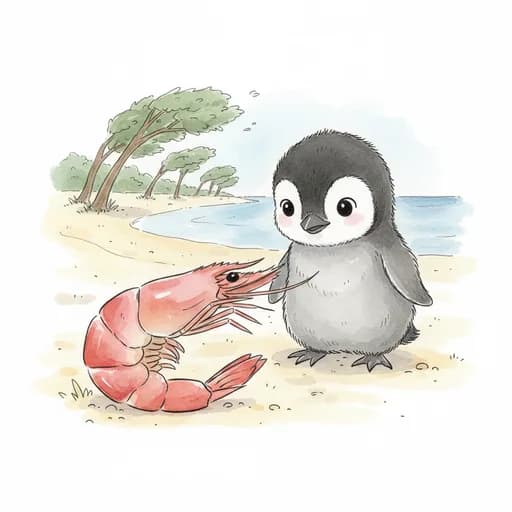 Baby fairy penguin chick on Phillip Island sand with a large pink cooked prawn clearly in the foreground; the baby penguin is small and standing beside the prawn.