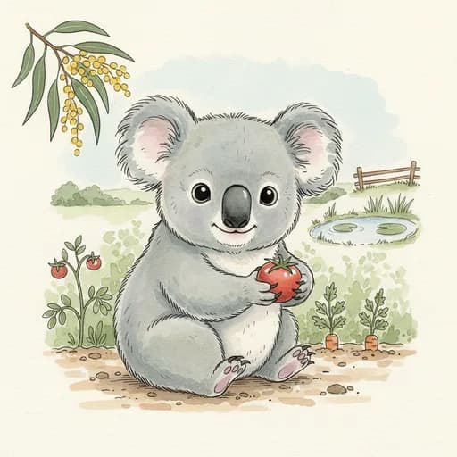 Baby koala with a cherry tomato, sweet little face.